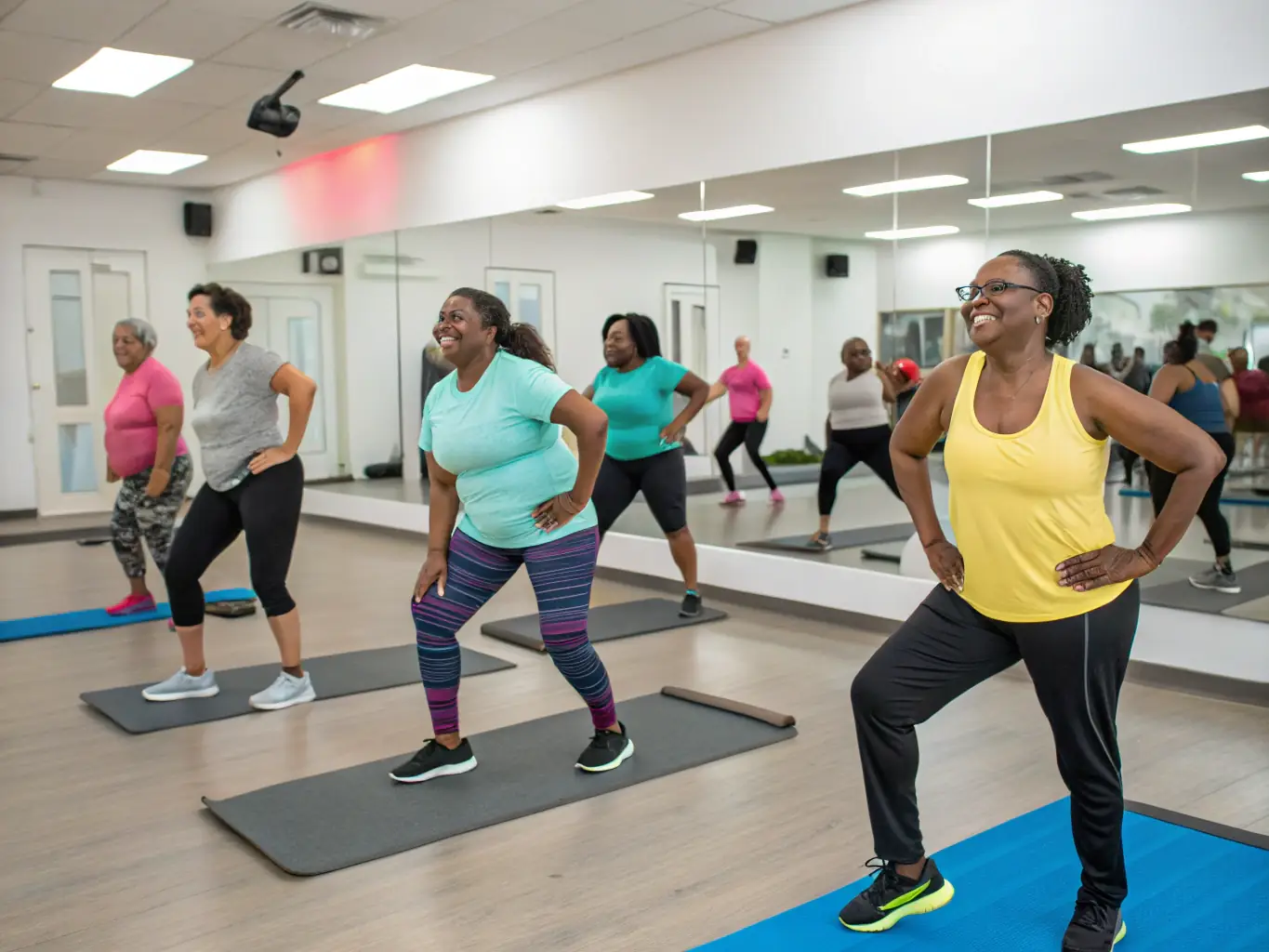 An image showing a diverse group of adults engaged in a low-impact aerobics class in a gym setting. The participants are smiling and appear to be enjoying the activity.