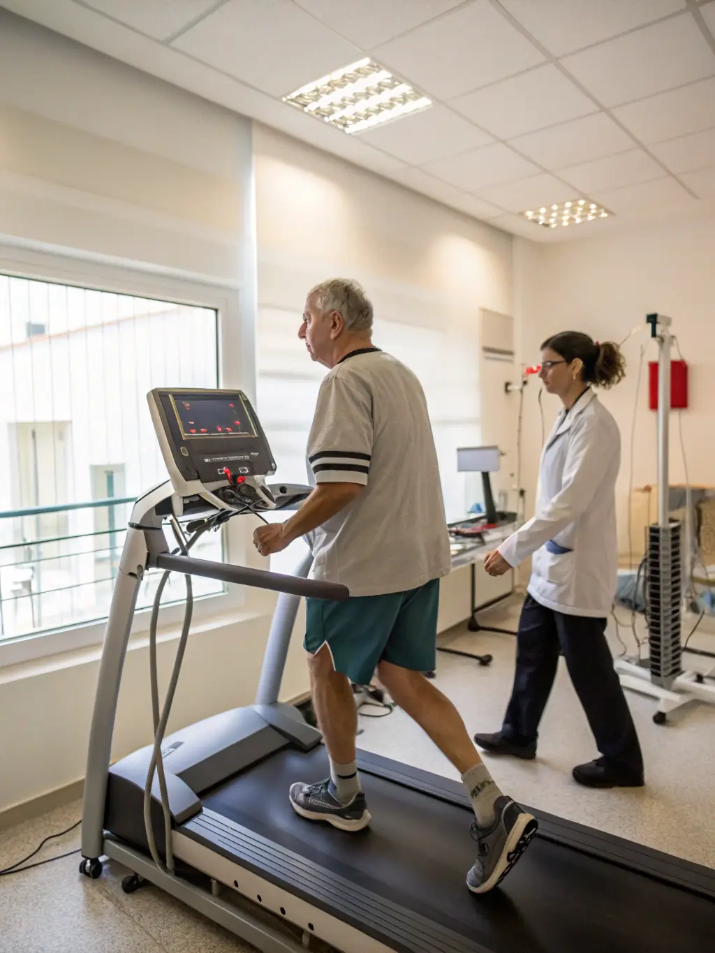 A person with heart disease walking on a treadmill under the supervision of a healthcare professional, highlighting cardiac rehabilitation.