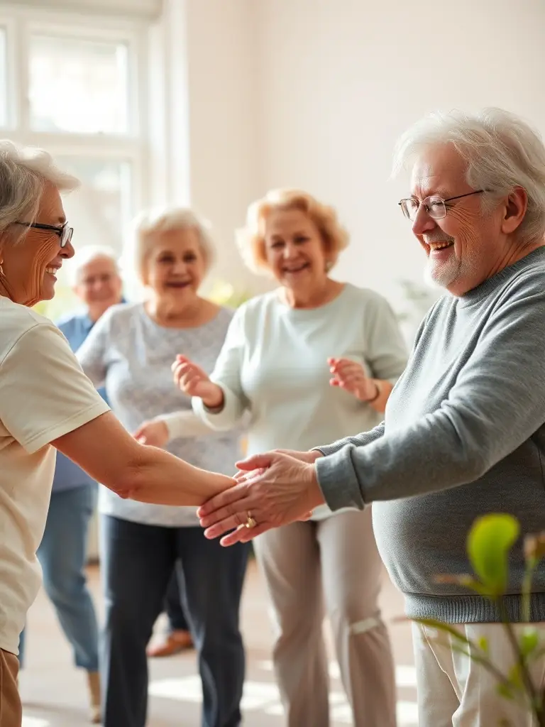 A group of seniors participating in a low-impact aerobics class in a community center, emphasizing social interaction and gentle movement.
