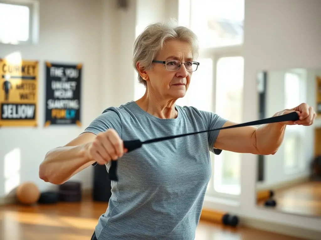A senior woman smiling and confidently using resistance bands during a group exercise session, demonstrating improved strength and mobility.