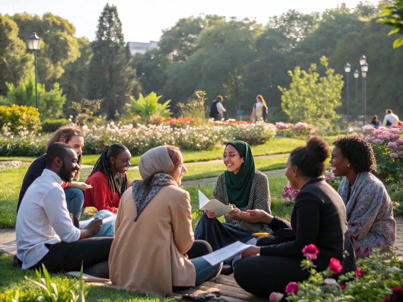 A diverse group of participants laughing and interacting during a group activity, highlighting the sense of community and social support.
