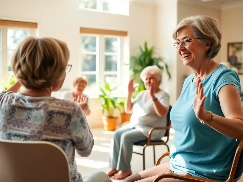 A photograph depicting a group of seniors participating in a chair yoga session, led by a certified instructor, in a bright and airy community center. The atmosphere is supportive and encouraging.