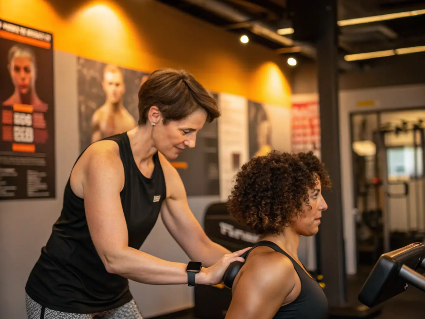 A photo of an instructor guiding a participant through a personalized strength training exercise using light weights in a well-equipped fitness studio.
